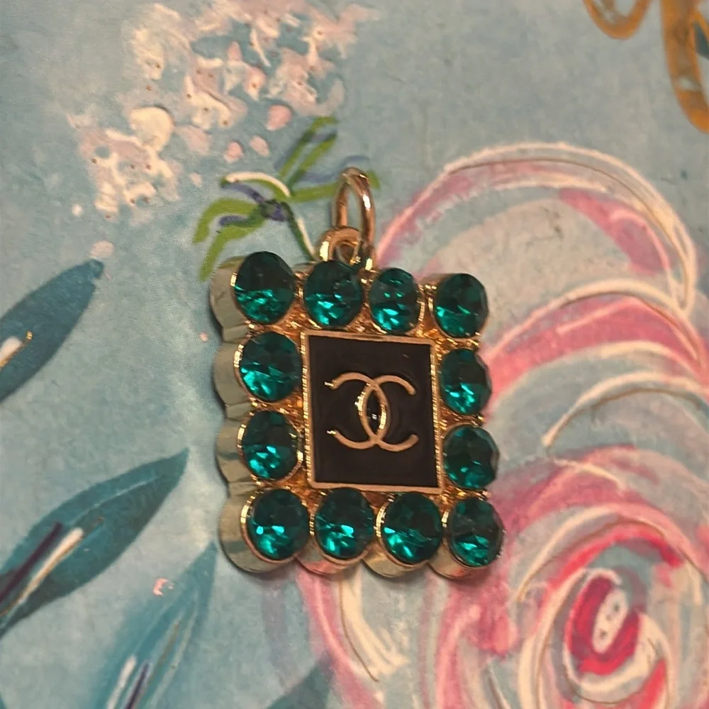 Chanel Gold and Teal Square logo Charm